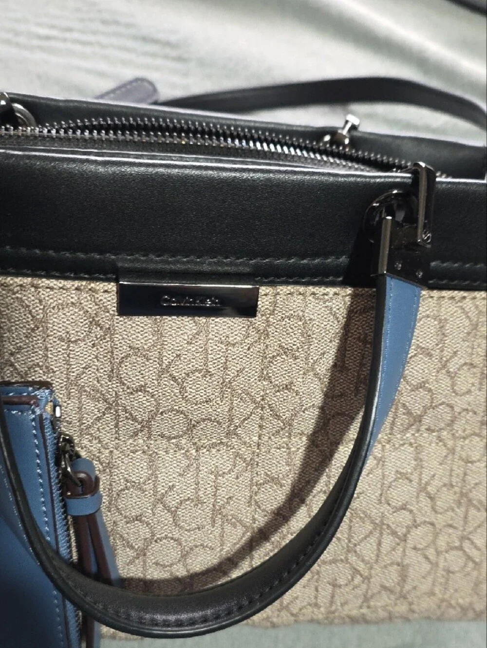 Calvin Klein Beige Monogram Satchel with Black Trim and Blue Tag